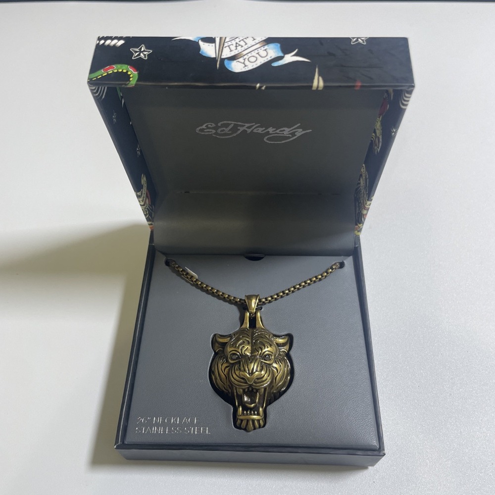 Hardy Gold Tiger Head Pendant Necklace 26" Stainless Steel Chain NIB Y2K - Picture 5 of 11